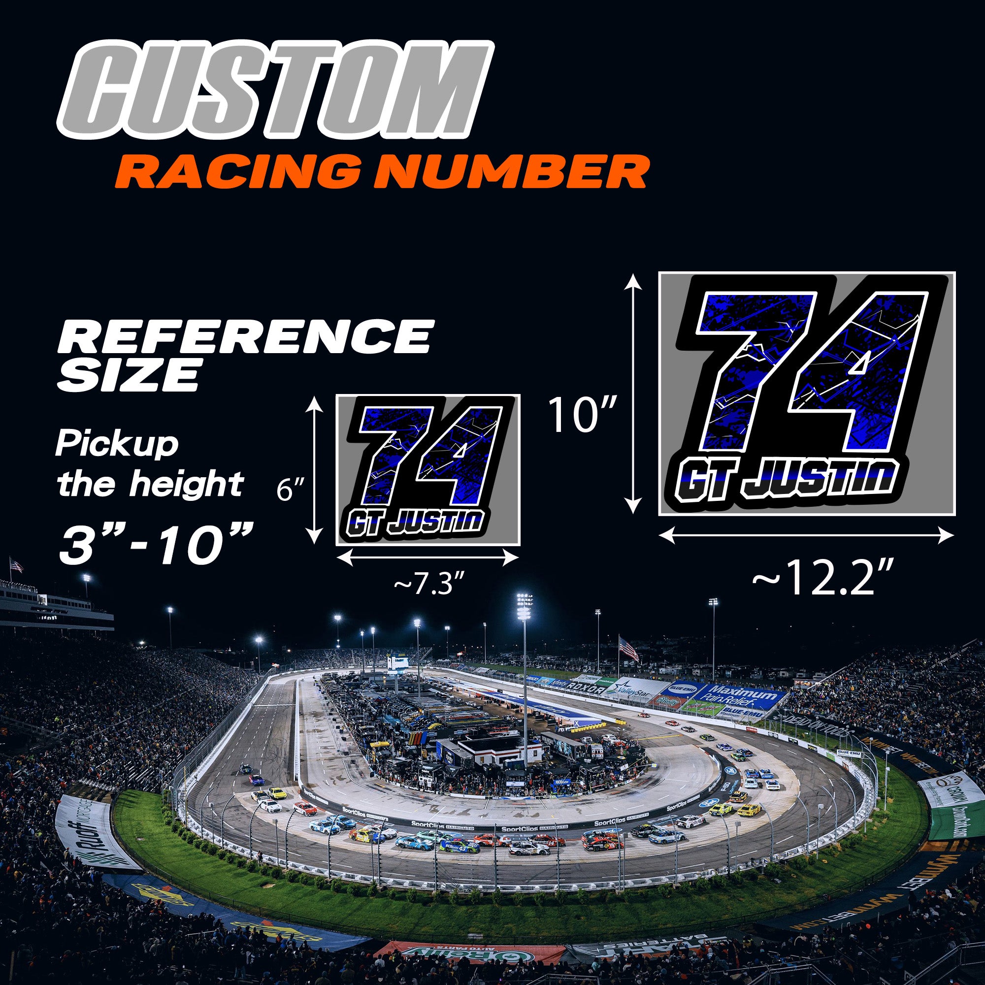 Set of three custom motocross racing number decals with splatter style design and personalized name for motocross and karting.