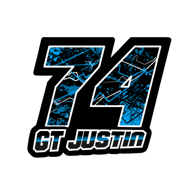 Set of three custom racing number and name decals in T10 splatter style for motocross and karting, personalized MC Motoparts graphics