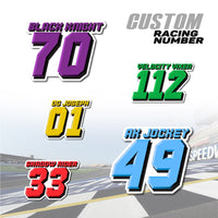 Set of three personalized racing number decals with T14 and name, motocross and karting graphics by MC Motoparts.