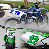 Set of three MC Motoparts racing number decals with T14 and personalized name, featuring bold motocross and karting graphic design.