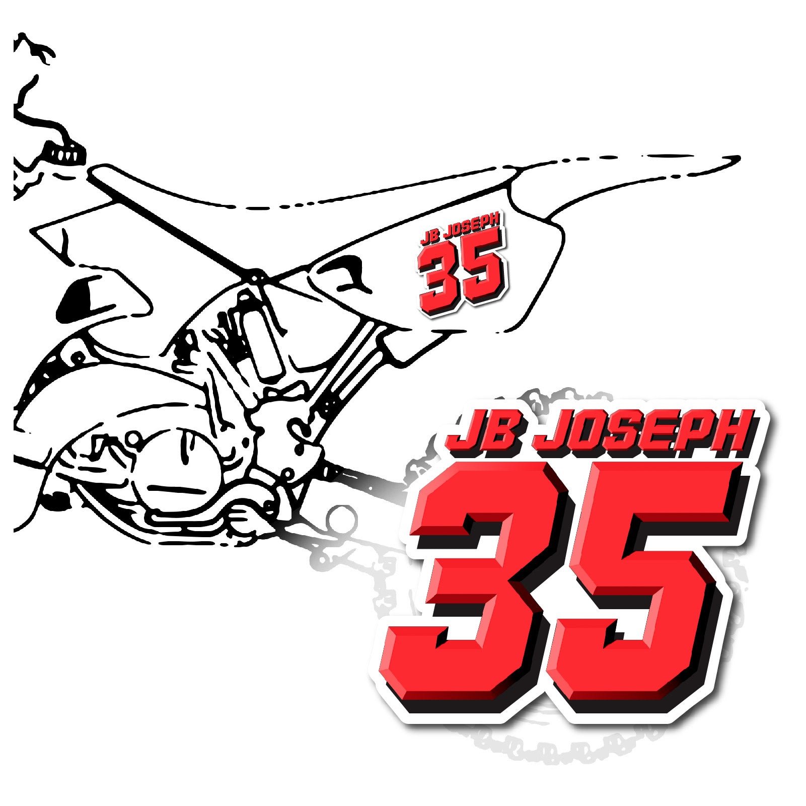 Set of three custom racing number decals with T14 and name for motocross and karting, featuring bold black and white graphics.