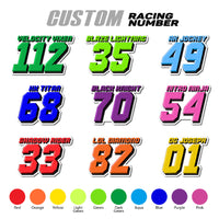 Set of three personalized racing number decals with T14 and name, for motocross and karting, by MC Motoparts.