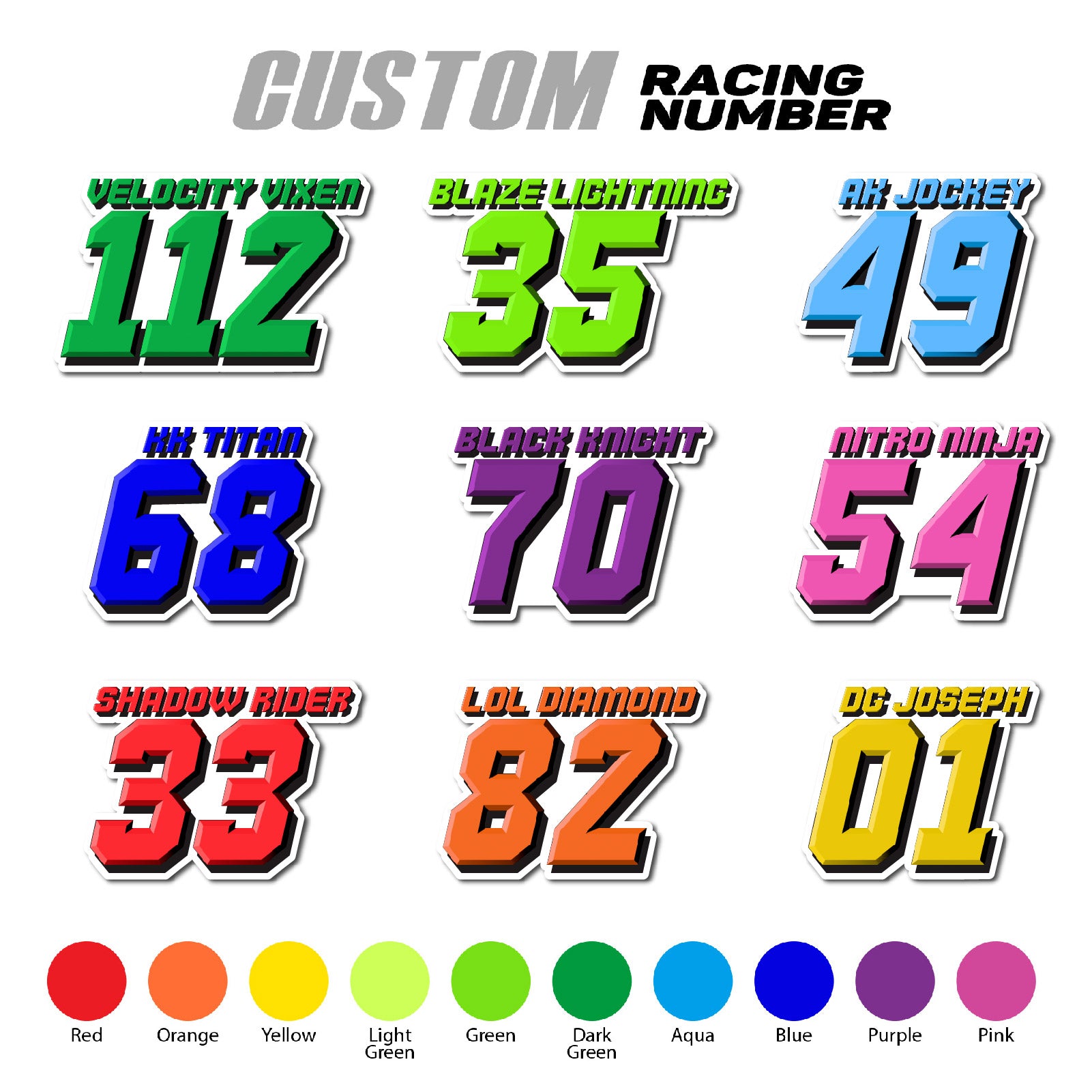 Set of three personalized racing number decals with T14 and name, for motocross and karting, by MC Motoparts.