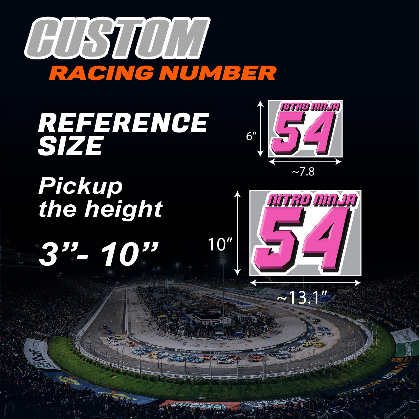Set of three custom racing number decals with T14 and name, motocross and karting graphics by MC Motoparts.