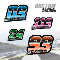 Set of three custom racing number decals with gradient style, featuring name stickers for motocross and karting from MC Motoparts.