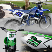 Set of three custom racing number decals with gradient style for motocross and karting, featuring personalized names by MC Motoparts.