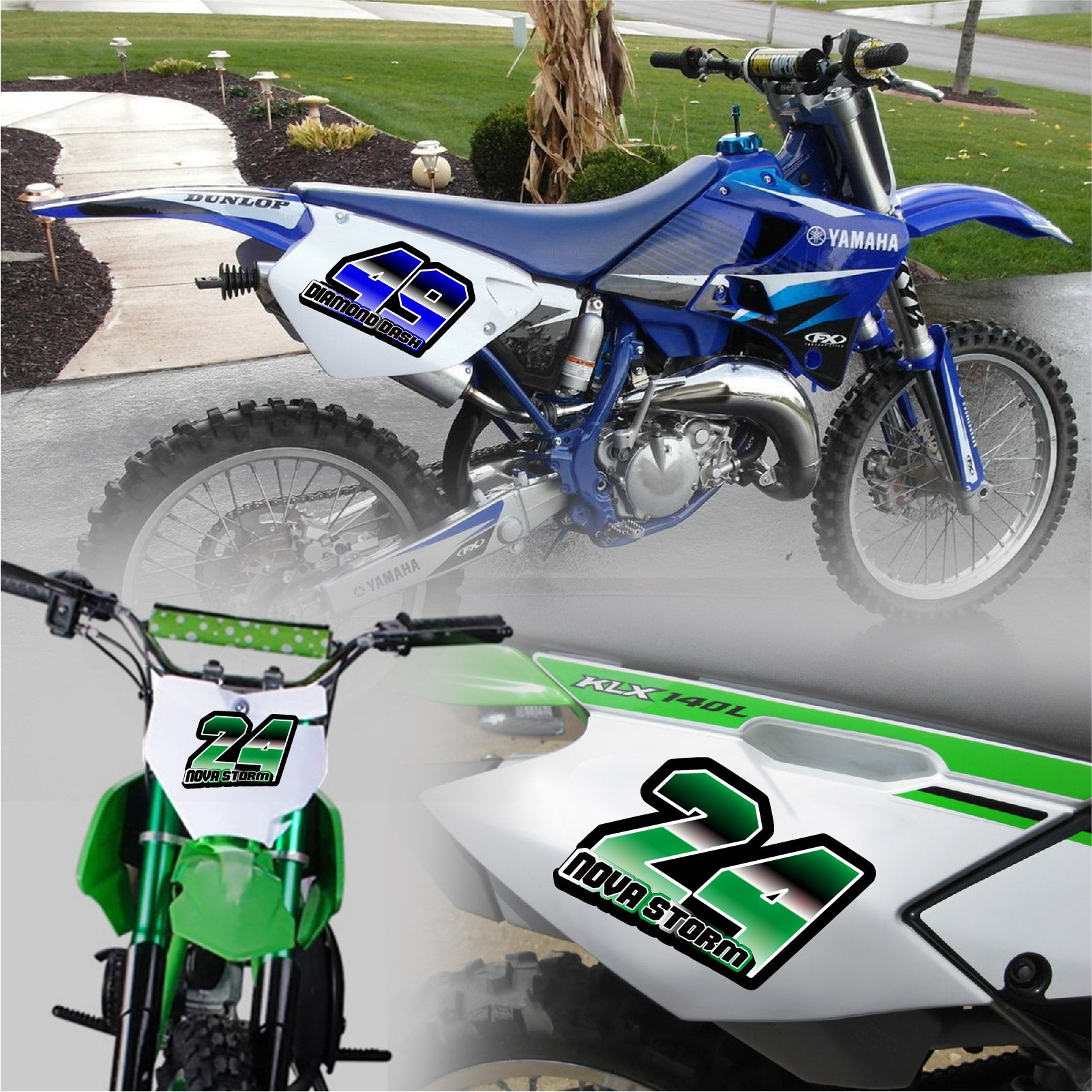 Set of three custom racing number decals with gradient style for motocross and karting, featuring personalized names by MC Motoparts.