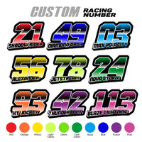 Set of three custom racing number and name decals in T15 gradient style for motocross and karting by MC Motoparts.