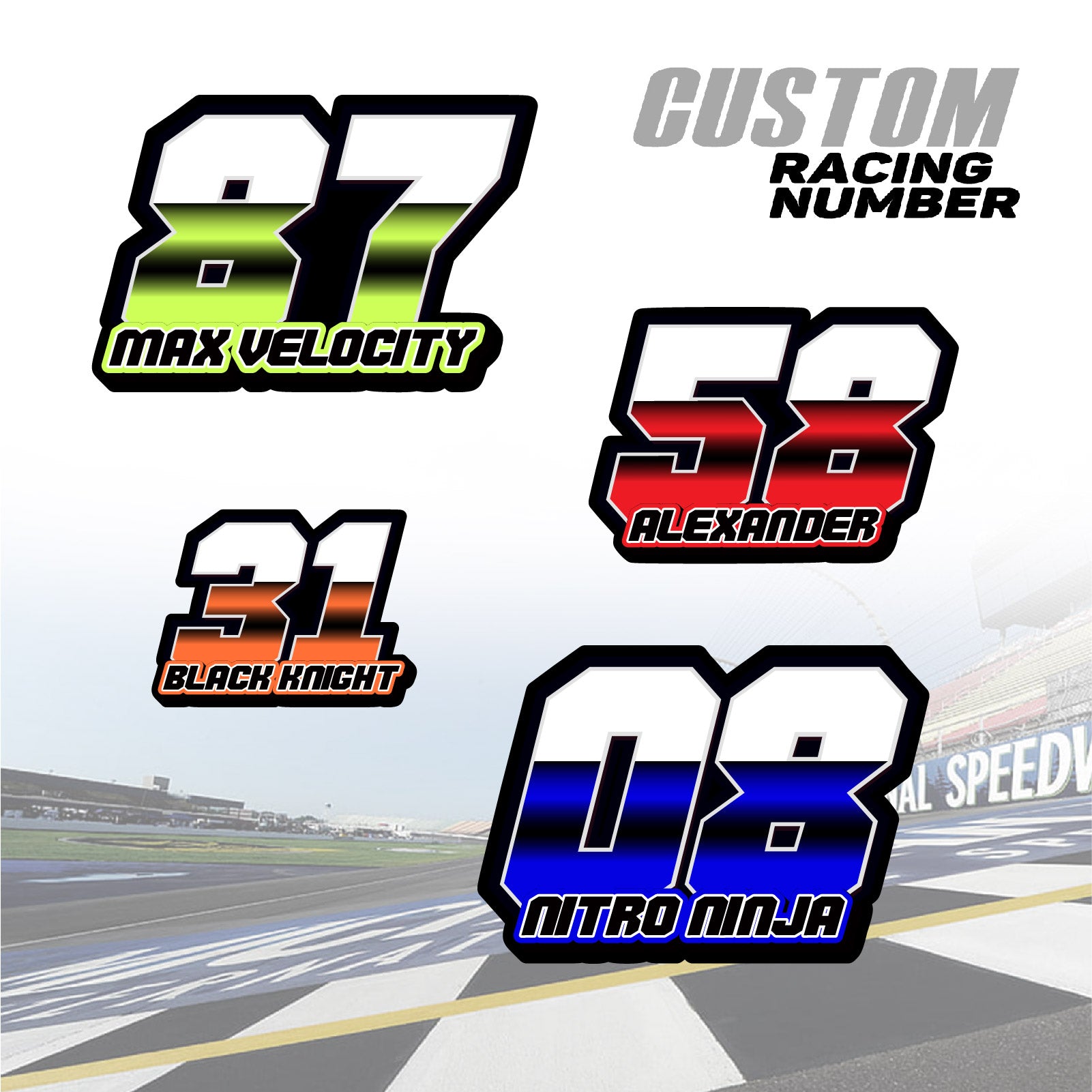 Set of three custom racing number decals with name, T16 split-fade gradient style, for motocross and karting by MC Motoparts.