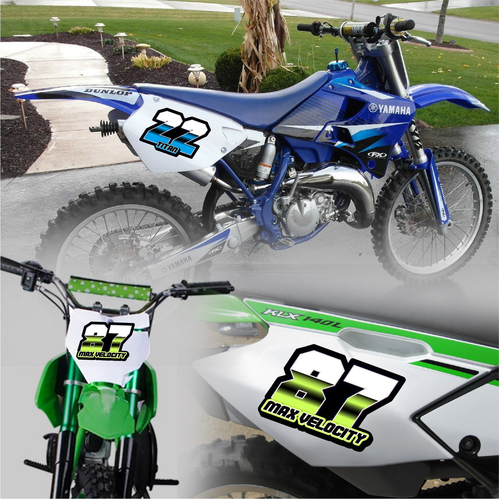 Set of three custom racing number and name decals by MC Motoparts in T16 split-fade gradient style for motocross and karting.