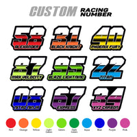 Set of three custom MC Motoparts racing number decals with gradient T16 split-fade style and personalized name for motocross and karting.
