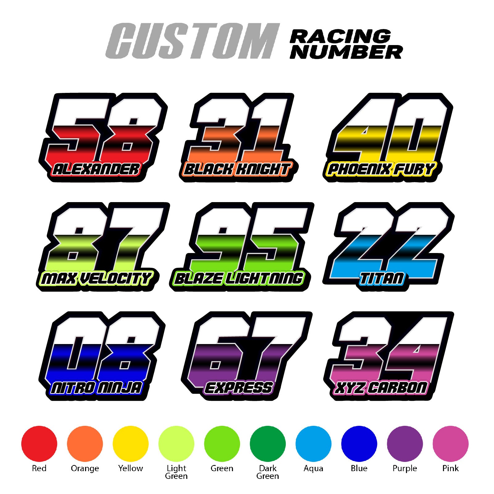 Set of three custom MC Motoparts racing number decals with gradient T16 split-fade style and personalized name for motocross and karting.