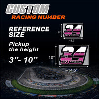 Set of three custom racing number decals with T16 split-fade gradient style, personalized with name for motocross and karting.