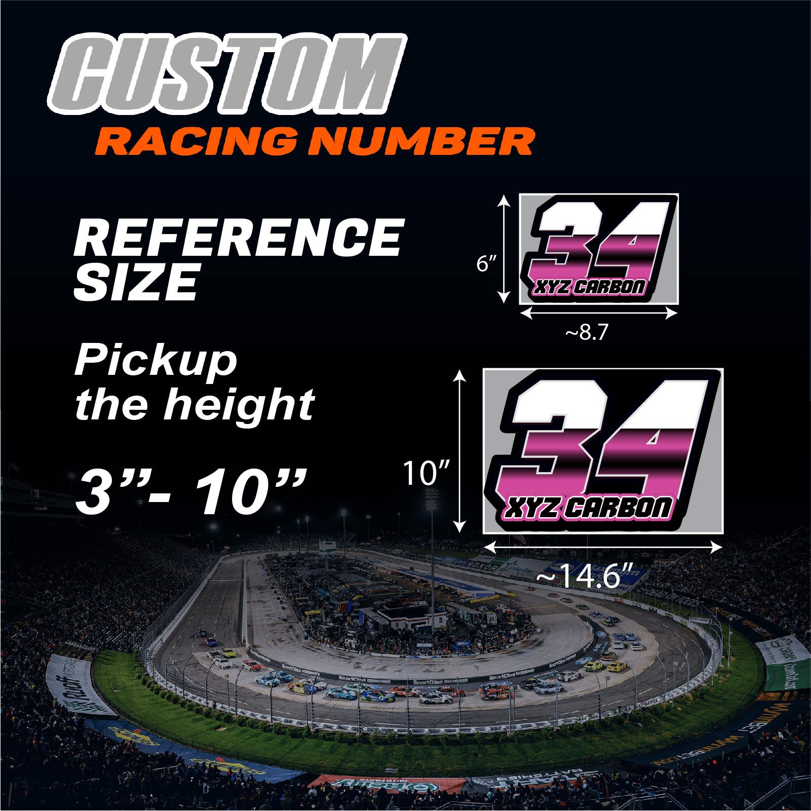 Set of three custom racing number decals with T16 split-fade gradient style, personalized with name for motocross and karting.