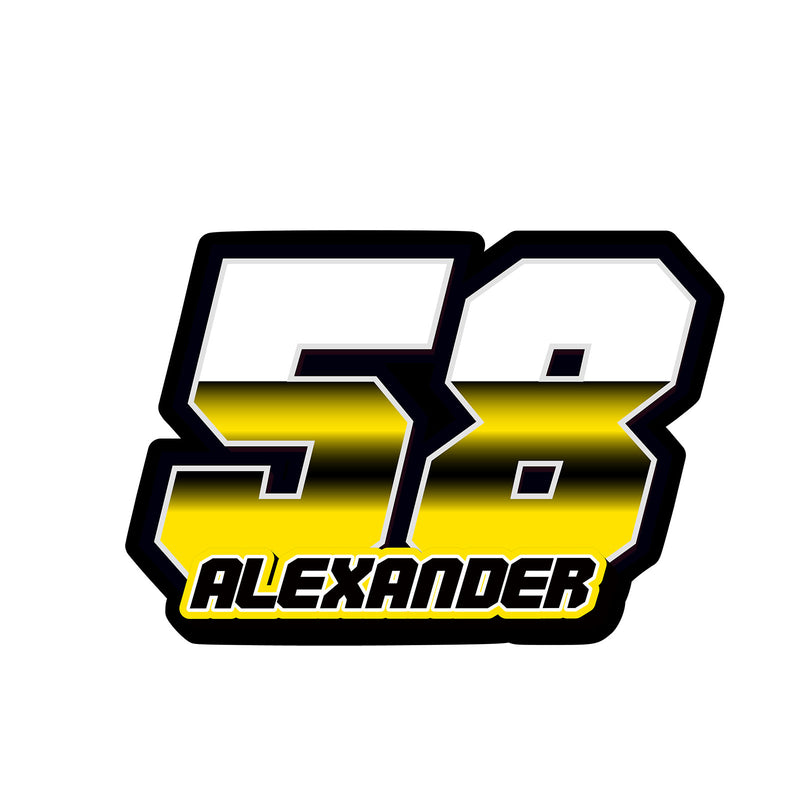 Set of three MC Motoparts racing number and name decals with T16 split-fade gradient style for motocross and karting graphics