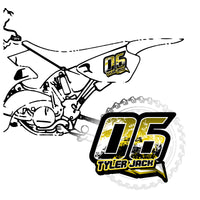 Set of three custom racing number and name decals in T11 geometric style from MC Motoparts, designed for motocross and karting.