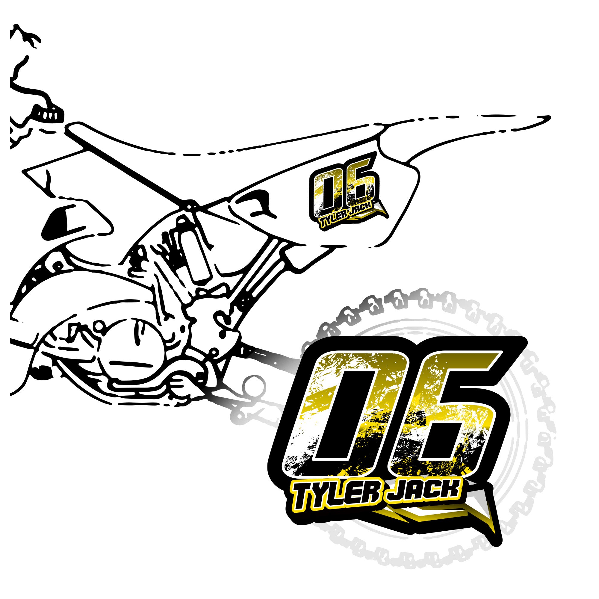 Set of three custom racing number and name decals in T11 geometric style from MC Motoparts, designed for motocross and karting.
