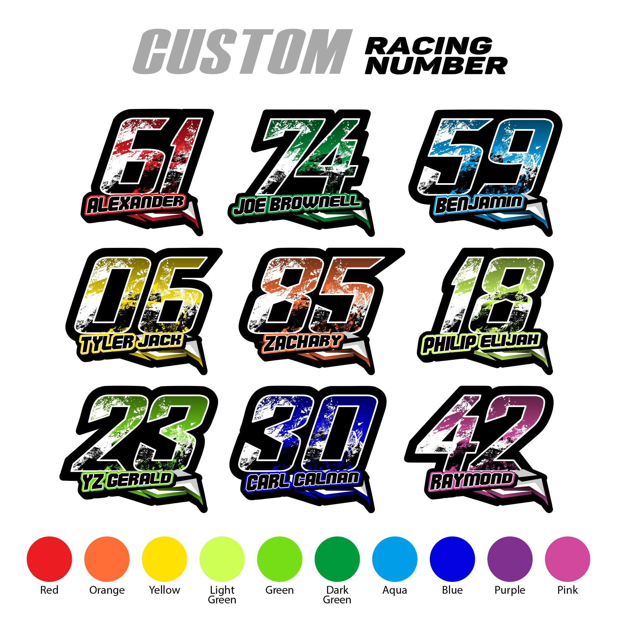 Set of three custom racing number decals with geometric style design and name, ideal for motocross and karting by MC Motoparts.