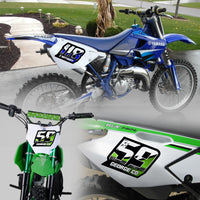 Set of three custom racing number decals with shredded style and personalized name for motocross and karting by MC Motoparts.