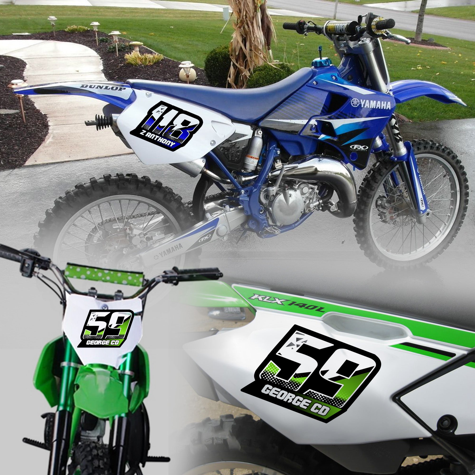 Set of three custom racing number decals with shredded style and personalized name for motocross and karting by MC Motoparts.