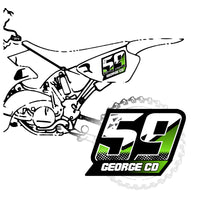 Set of three custom racing number decals with shredded style, featuring names, for motocross and karting by MC Motoparts.