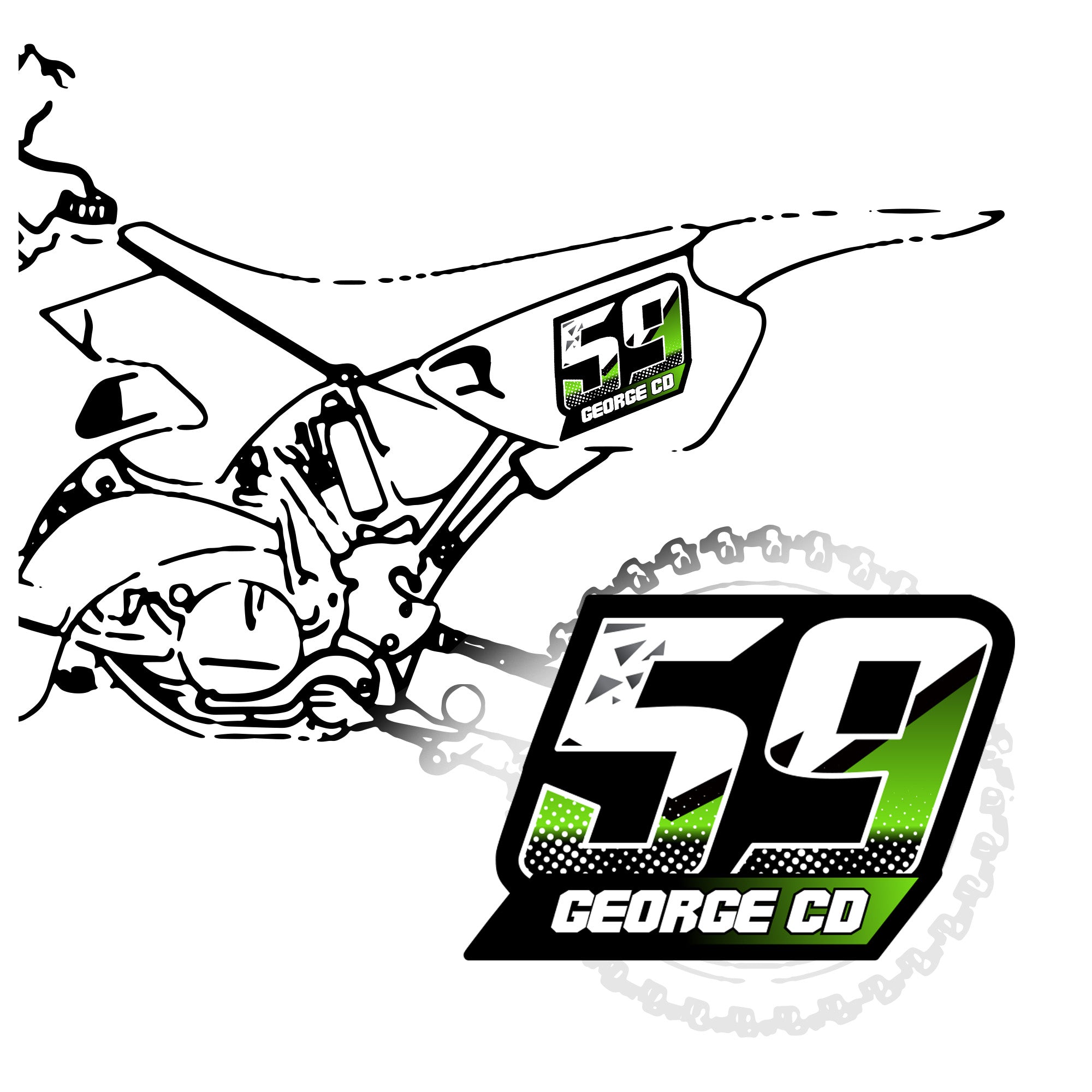 Set of three custom racing number decals with shredded style, featuring names, for motocross and karting by MC Motoparts.