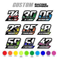 Set of three custom racing number decals with shredded style and personalized name for motocross and karting by MC Motoparts.