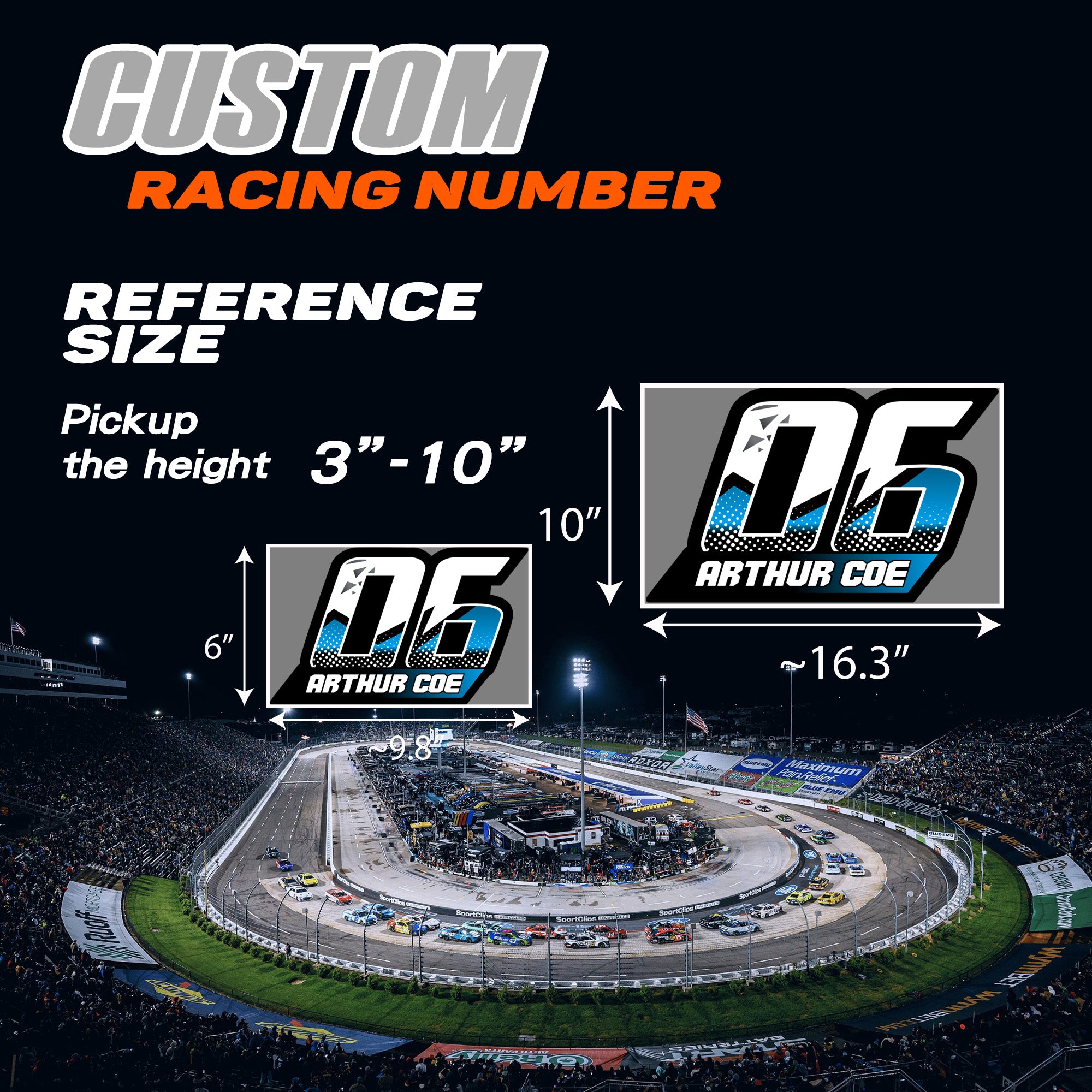 Set of three custom racing number decals with shredded T12 style and name for motocross and karting from MC Motoparts