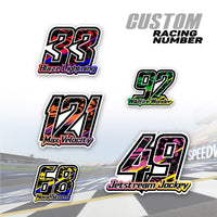 Set of three custom racing number decals with T17 multi-color shatter fill style and personalized name for motocross and karting.