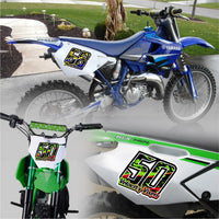 Set of three personalized racing number decals with T17 multi-color shatter fill style for motocross and karting by MC Motoparts