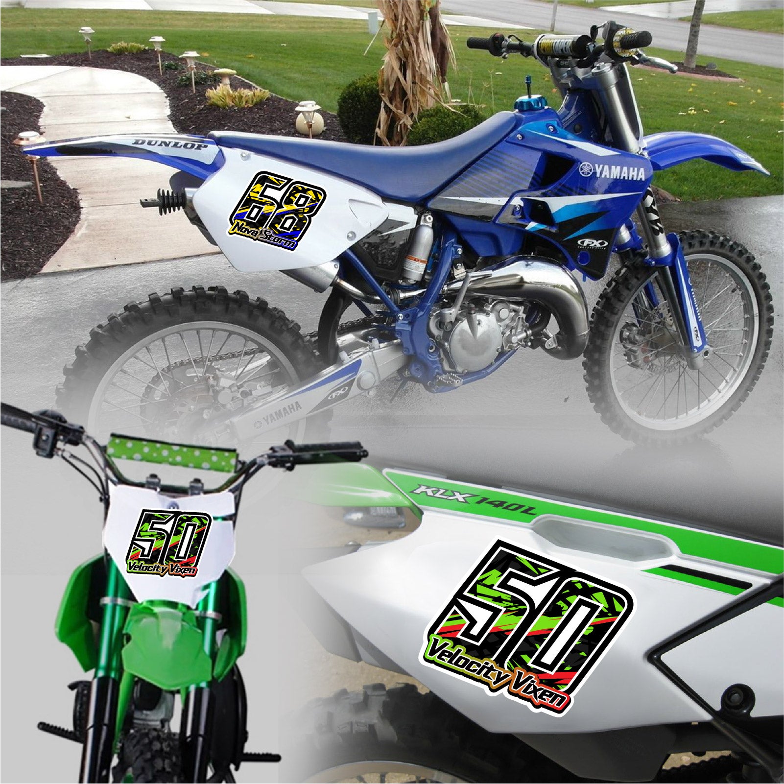 Set of three personalized racing number decals with T17 multi-color shatter fill style for motocross and karting by MC Motoparts