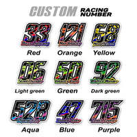 Set of three custom racing number decals with names, T17 multi-color shatter fill style, for motocross and karting graphics by MC Motoparts.