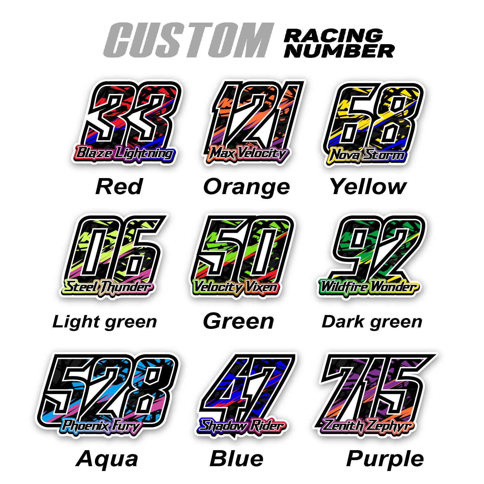 Set of three custom racing number decals with names, T17 multi-color shatter fill style, for motocross and karting graphics by MC Motoparts.