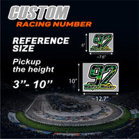 Set of three custom racing number decals with T17 multi-color shatter fill style and personalized name for motocross and karting.