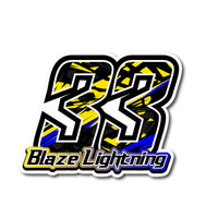Set of three custom motocross and karting racing number decals with T17 multi-color shatter fill style and personalized name from MC Motoparts