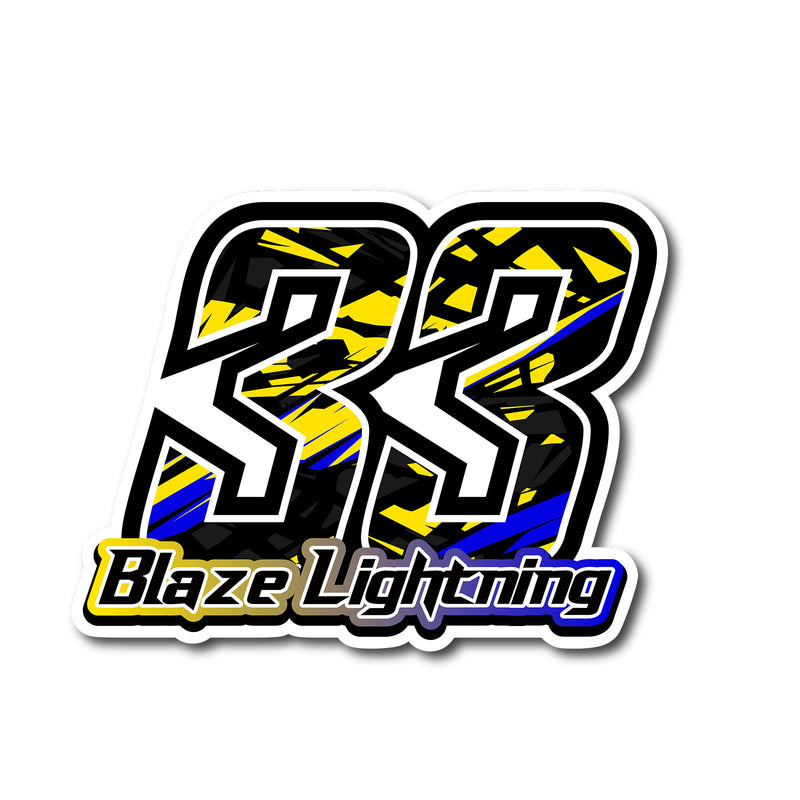 Set of three custom motocross and karting racing number decals with T17 multi-color shatter fill style and personalized name from MC Motoparts
