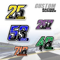 Set of three custom racing number and name decals in T18 split gradient style for motocross and karting by MC Motoparts.