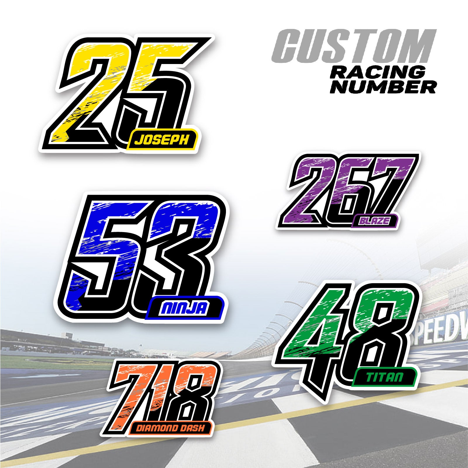 Set of three custom racing number and name decals in T18 split gradient style for motocross and karting by MC Motoparts.