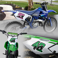 Set of three custom racing number decals with names in T18 split gradient style for motocross and karting, by MC Motoparts.