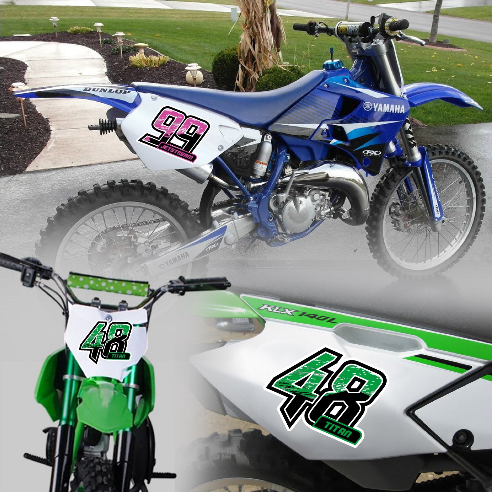 Set of three custom racing number decals with names in T18 split gradient style for motocross and karting, by MC Motoparts.