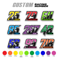 Set of three personalized racing number decals with split gradient style and name for motocross and karting, by MC Motoparts.