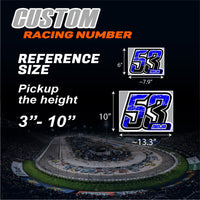 Set of 3 custom racing number decals with names in T18 split gradient style by MC Motoparts, ideal for motocross and karting graphics.