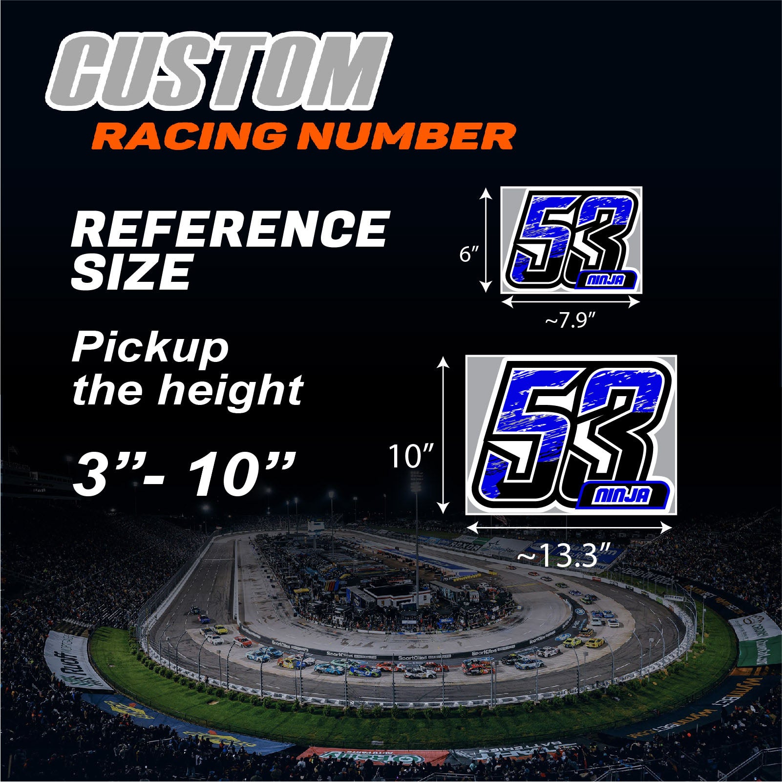 Set of 3 custom racing number decals with names in T18 split gradient style by MC Motoparts, ideal for motocross and karting graphics.