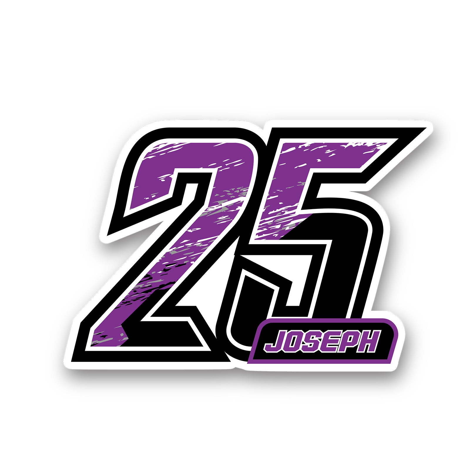 Set of three custom racing number decals with name in T18 split gradient style for motocross and karting by MC Motoparts.