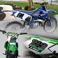 Set of three custom racing number decals with T13 flame style and personalized name for motocross and karting by MC Motoparts