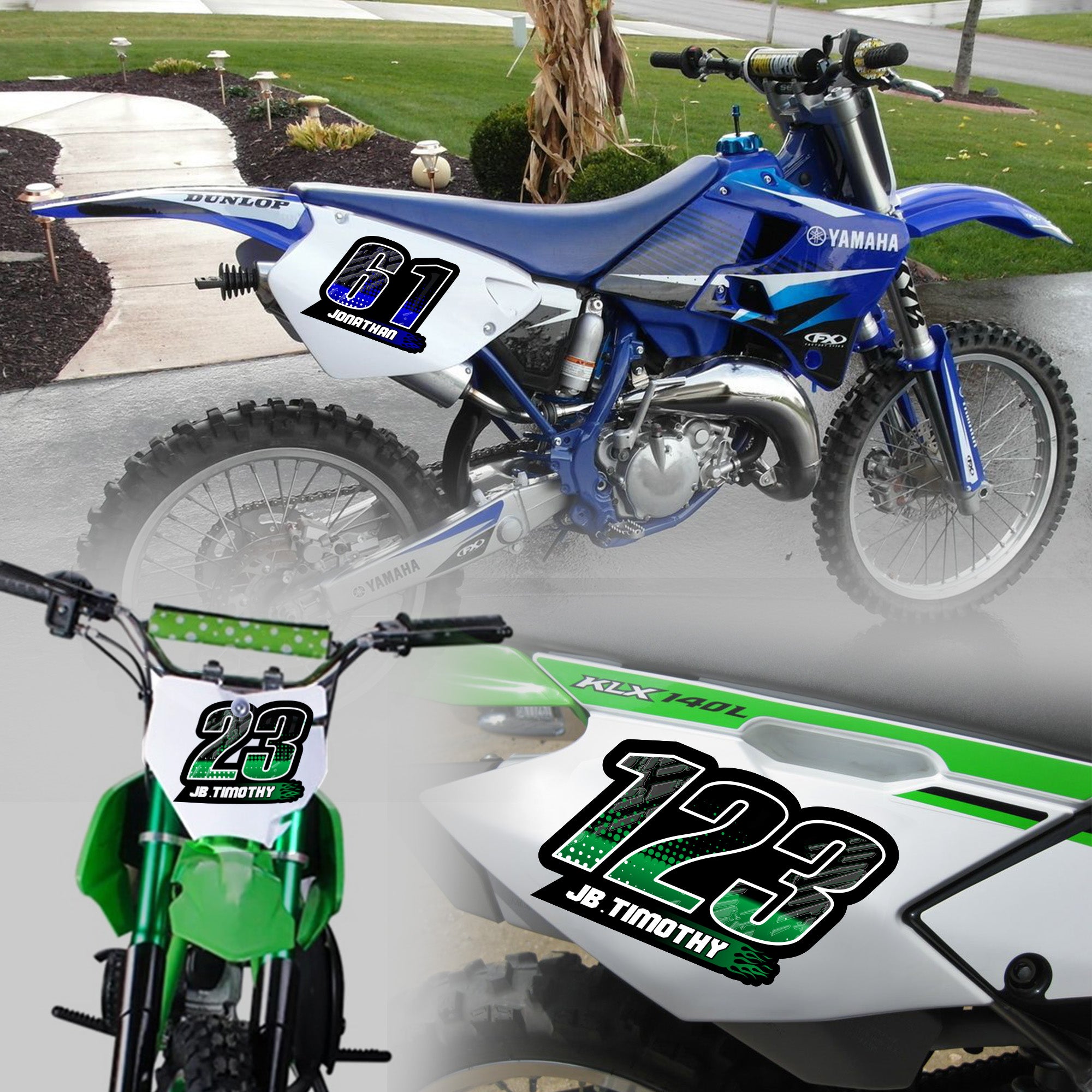 Set of three custom racing number decals with T13 flame style and personalized name for motocross and karting by MC Motoparts