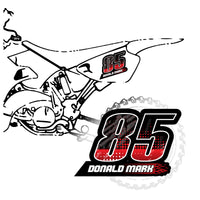 Set of three custom racing number decals with T13 flame style and personalized name, motocross and karting graphics by MC Motoparts