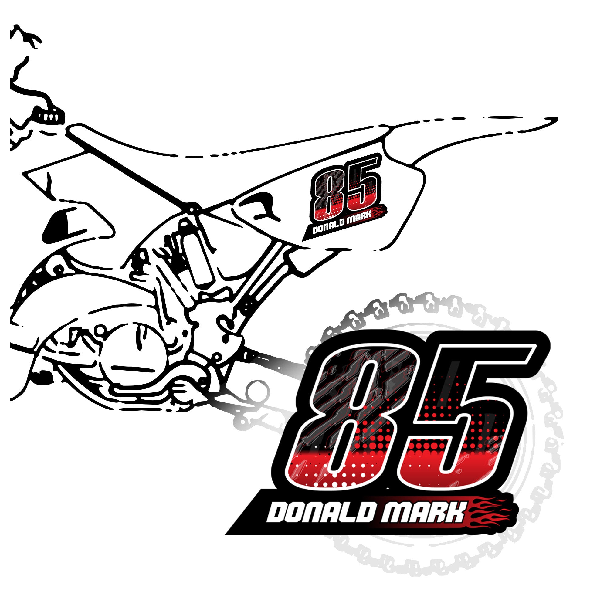 Set of three custom racing number decals with T13 flame style and personalized name, motocross and karting graphics by MC Motoparts