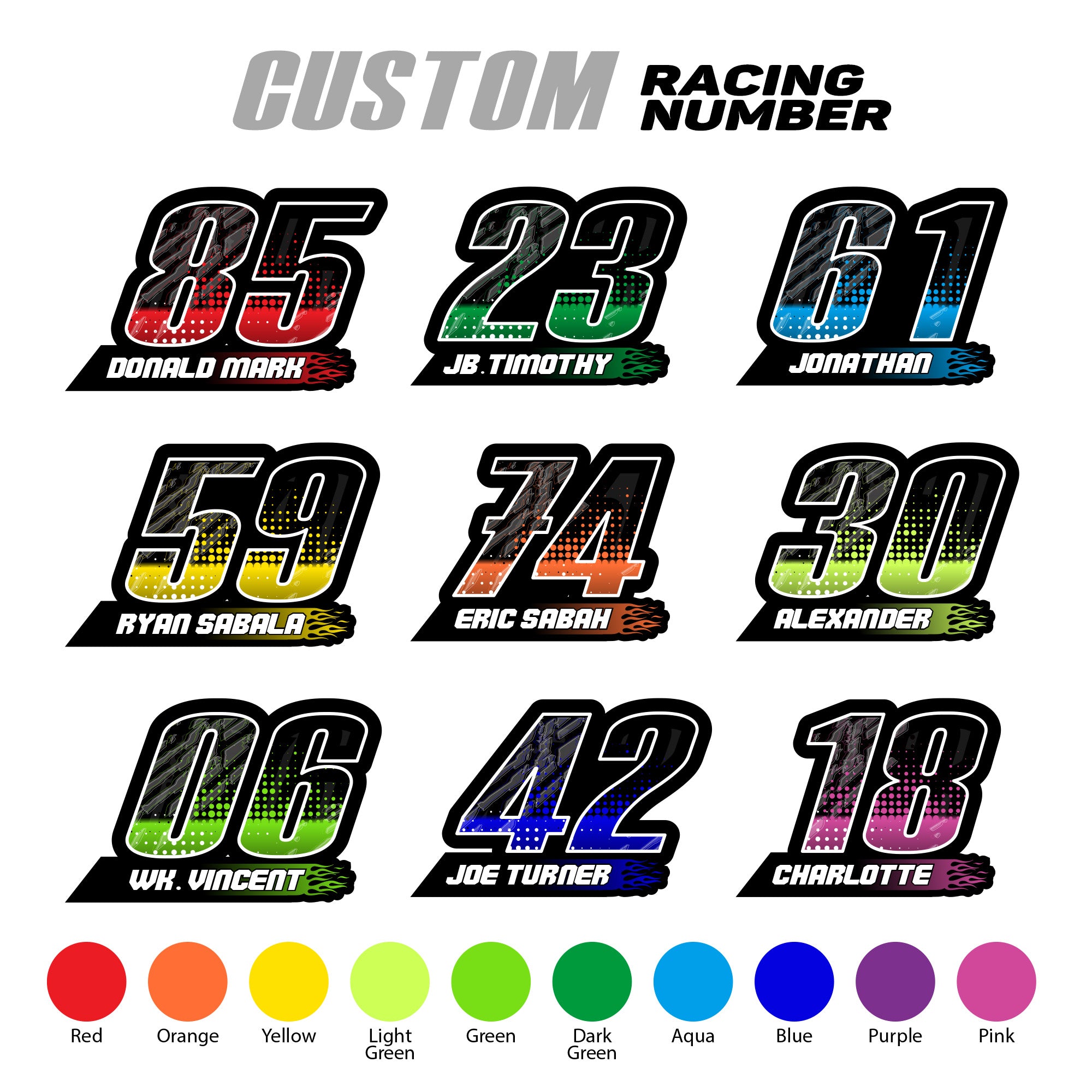 Set of three custom racing number decals with flame style design and personalized name, ideal for motocross and karting vehicles.