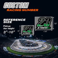 Set of three personalized MC Motoparts racing number decals with T13 flame style, featuring custom names for motocross and karting.